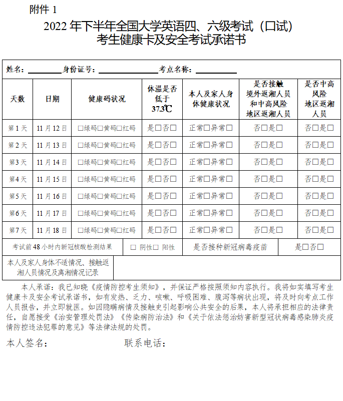 2022年下半年全國大學英語四、六級考試及英語應用能力考試疫情防控公告