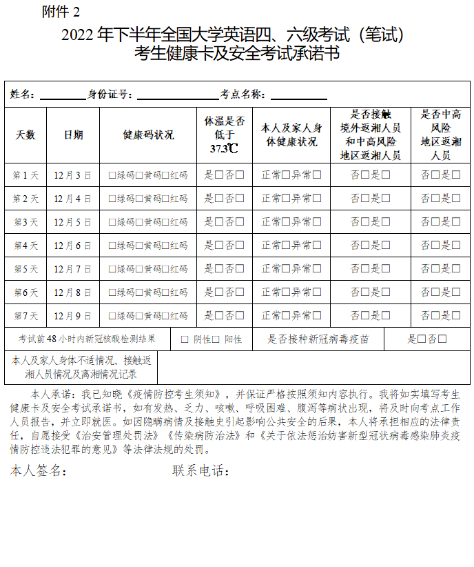 2022年下半年全國大學英語四、六級考試及英語應用能力考試疫情防控公告